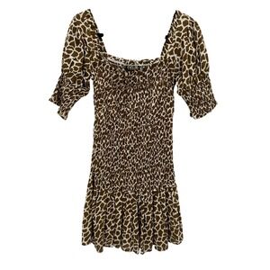 WILD PONY Womens Smocked Shirred Square Neck Giraffe Print Mini Dress Cotton Med